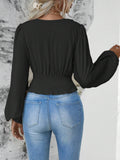 Waistband V-Neck Sleeved Ruffled Long-Sleeved Top