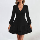 V-Neck Backless Lace Long-Sleeved Dress With Ruffles