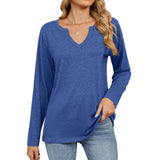 V-Neck Color Cotton Long Sleeve Loose T-Shirt