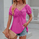 Solid Color Drawstring V-Neck Casual T-Shirt