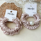 Pink Satin Bead Scrunchie Soft Hair Tie_Cwaha07599