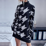 Turtleneck Long-Sleeved Plaid Sweater Dress