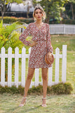 V-Neck Waist Floral Long-Sleeved Short Dress