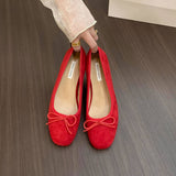 Wedge Red Suede Ballet Flats With Bow