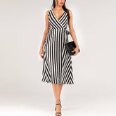 Striped Sleeveless Dress With Lace-Up V-Neck