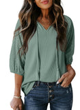 Womens Jacquard Waffle V-Neck Puff Sleeve Top