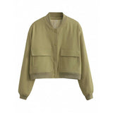 Solid Short Jacket With Large Pocket Stand Collar