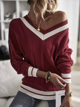V-Neck Color Contrast Patchwork Pullover Sweater