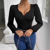 Solid-Color Mesh Spliced V-Neck Jumpsuit
