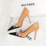 COLOR BLOCK POINTED TOE PEARL BOW HIGH HEELS_CWSHH0099