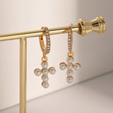 18K GOLD INLAID RHINESTONE PEARL CROSS EARRINGS_CWAHA0898