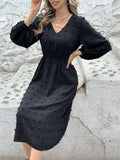 V-Neck,Cinched Waist,Woolen Long-Sleeved Dress