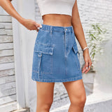 Washed Denim Cargo Skirt