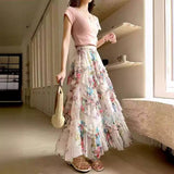 COLORFUL FLORAL MESH PRINT PLEATED TULLE SKIRT_CWBLS0399