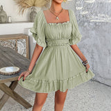 Vacation-Style Ruffle Sleeve Solid Color Dress