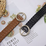 METAL ROUND BUCKLE PATENT LEATHER BRAIDED WIDE BELT_CWMM0765