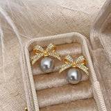Womens Vintage Full Diamond Bow Pearl Earrings