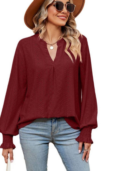 Cwtbll2377_Solid Color V-Neck Loose Long-Sleeved Pullover