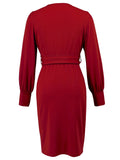 V-Neck Long-Sleeved, Belt-Hugging Knitted Dress