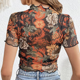 SEMI SHEER MESH FLORAL PRINT SHORT SLEEVED TOP_CWTBLS1509