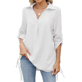 Solid Color Lapel Loose Mid-Sleeved Chiffon Shirt