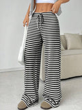 Striped Rubber String Cotton Straight Leg Pants