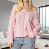 Solid-Color Laid-Back V-Neck Twisted Knit Sweater