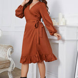 LONG SLEEVE WRAP DRESS FOR PLUS SIZE WOMEN_CWDSD8474