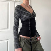 V-Neck Bow Lace-Up Plaid Color Patchwork T-Shirt