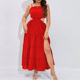 BACKLESS CINCHED WAIST RUFFLE BEACH DRESS_CWDMD6052