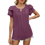 V-Neck Cutout Double-Sleeved Chiffon T-Shirt