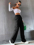 Solid Color High-Waisted Pocket Cargo Pants