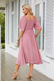 V-Neck Bow Pleated Mid-Length Short-Sleeved Dress
