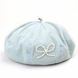 2024 NEW RETRO DENIM PEARL BOW BERET_CWAH1541