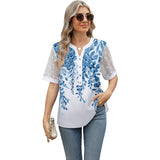 V-Neck Printed Chiffon Top With Lace Sleeves
