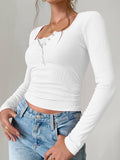 Y2K Slim Trim Lace Button U Neck Ribbed Top