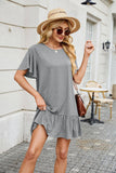 Solid Color Crew Neck Short Sleeve Pleated Dress
