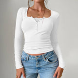 Y2K Slim Trim Lace Button U Neck Ribbed Top