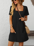 Square-Neck Short-Sleeved Casual Pockets Dress