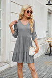 Solid Color Dress With V-Neck Pleats And Ruffles