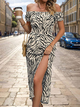 Zebra-Print Waistline Dress With Split Neck