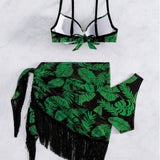 PRINTED TASSEL WRAP SKIRT THREE PIECE SWIMSUIT_CWMW0335