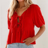 Womens Casual Loose Tie-Up Ruffle Sleeve Top