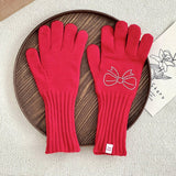 RHINESTONE BOW TOUCH SCREEN FIVE FINGER GLOVES_CWAG0141