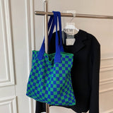Cwab1950_Plaid Pattern Knitted Tote Bag