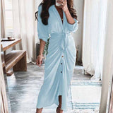 V-Neck Button-Up Long-Sleeved Shirt Dress