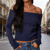 Solid-Colored One-Shoulder Long-Sleeved Sweater