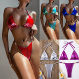 Tie Side Bikini Set Shiny Solid Color Swimsuit