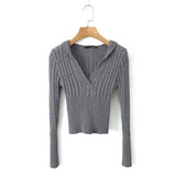 V-Neck Hooded Short Knit Sweater