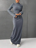 Solid Color Long Sleeve Top Long Skirt Set